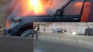 بالصور ...اشتعال مركبة بشكل مفاجىء على طريق اربد -عمان