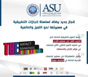 جامعة العلوم التطبيقية الخاصة تحتل الترتيب الأول على مستوى الأردن في تصنيف التايمز العالمي لتأثير الجامعات في مؤشر الإنتاج والاستهلاك.