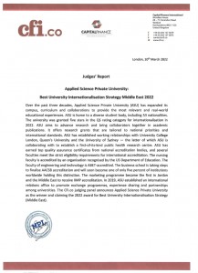 العلوم التطبيقية الخاصة أفضل جامعة في استراتيجيتها نحو العالمية في الشرق الأوسط.