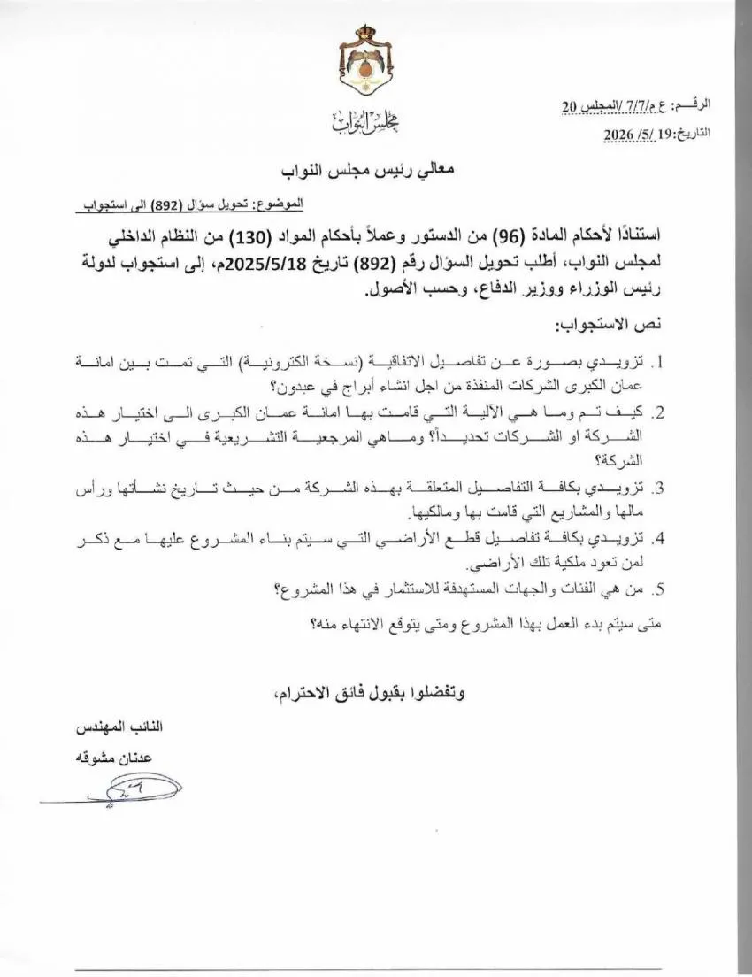 مشوقة يستجوب الحكومة عن أبراج عبدون 