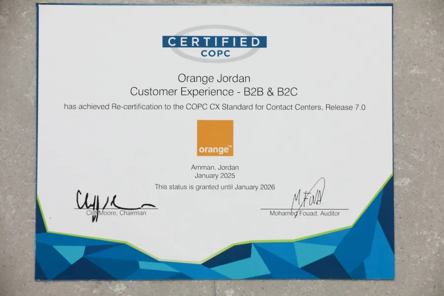Orange Jordan Leads Highest Standards of Customer Service with COPC Certification Renewal for the Seventh Consecutive Year