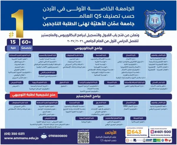 عمان الأهليّة تهنئ الطلبة الناجحين وتُعلن عن استمرار القبول والتسجيل للبكالوريوس والماجستير للفصل الأول 2026-2027